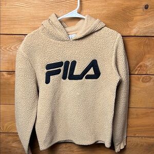 Fila Sherpa Fleece Hoodie Tan Logo Pullover Cozy Casual Women's S LOUNGEWEAR Y2K